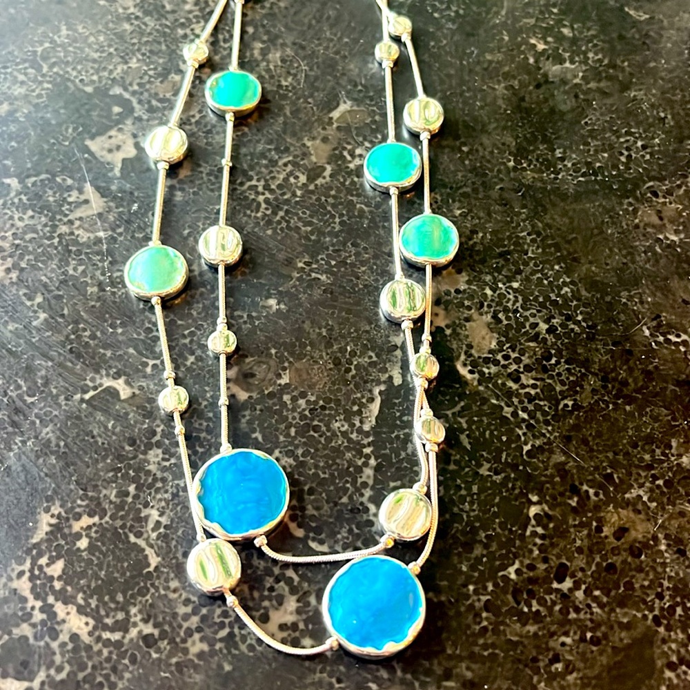 20” St. Thomas adjustable length blue and green silver long necklace.